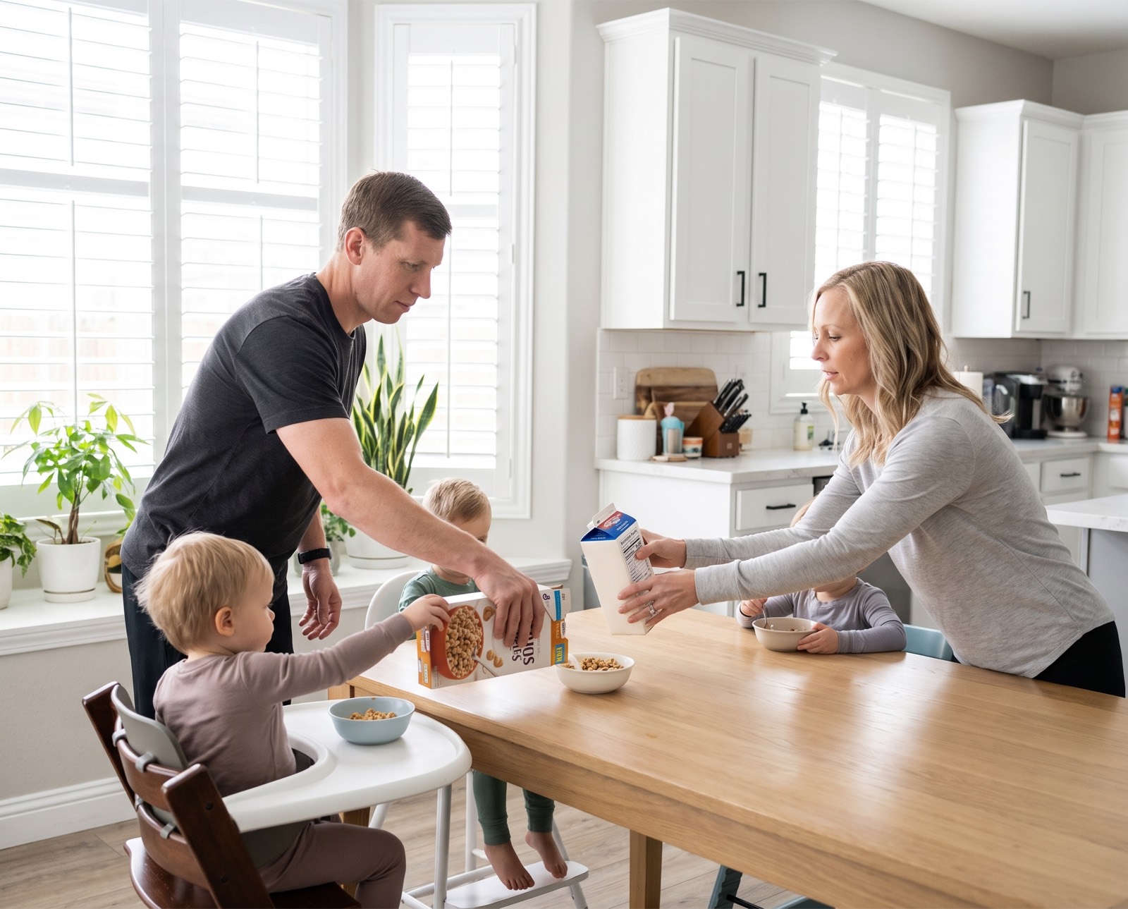 A couple sharing the morning routine in the kitchen with their kids, on the same team